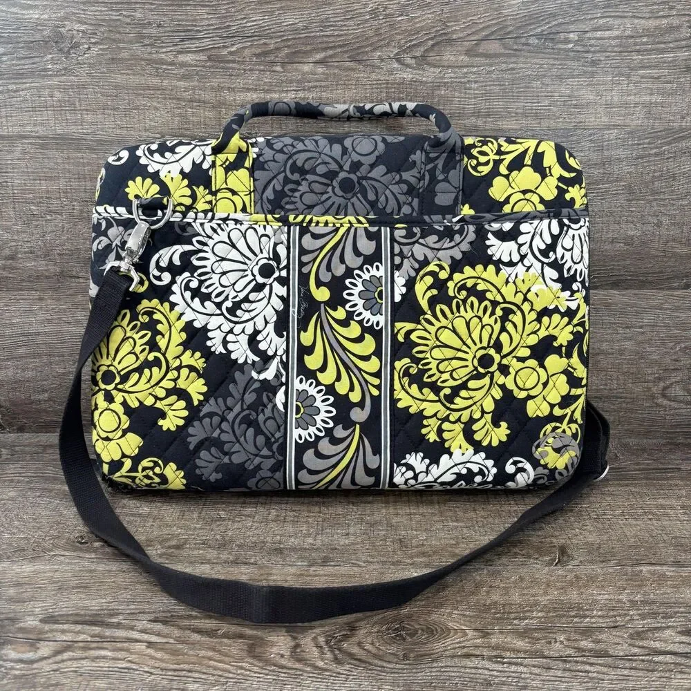 Vera Bradley Laptop Shoulder Messenger Bag 15in Yellow Padded Quilted Floral